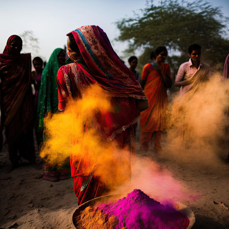 A group of people celebrate the Holi festival around a bonfire. Colorful smoke rises from the fire, as people dance and sing in joy, smearing colored powders on each otherの素材