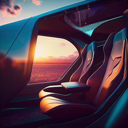 a futuristic car with the sun setting in the background and an image of a cityscaing area behind itの素材