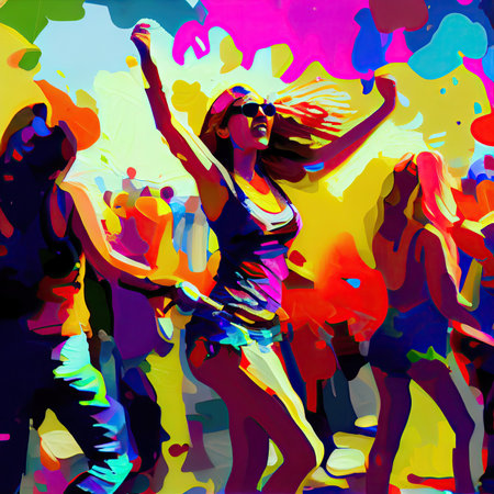 people dancing in the street with their arms up and one person holding an umbrella, while others dance behind themの素材