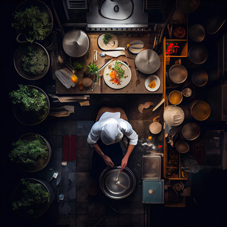 a chef in the middle of a table with many plates and pans on it, as seen from aboveの素材