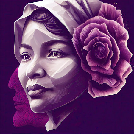 a woman with a rose on her head and the words,arnal ketsin gold letteringの素材