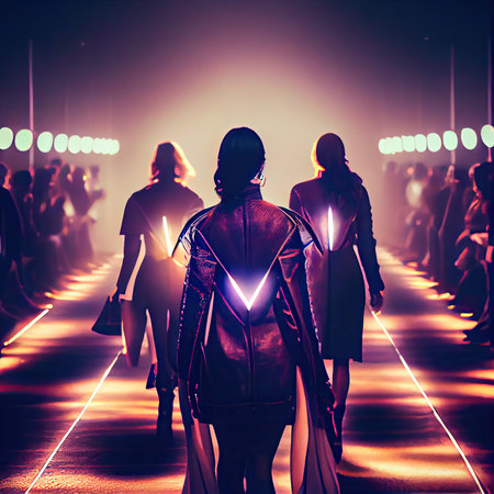 two women walking down the street at night, with lights shining on them and one woman in red capers costumeの素材