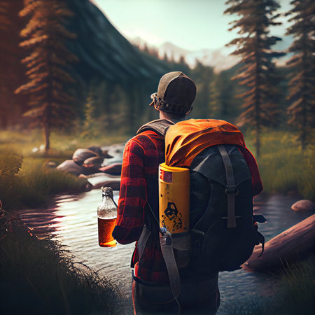 a person walking in the woods with a backpack on their back, holding a drink and looking out over a streamの素材