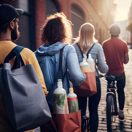 two people walking down the street with backpacks and water bottles in their hands, one woman is holding a bottleの素材
