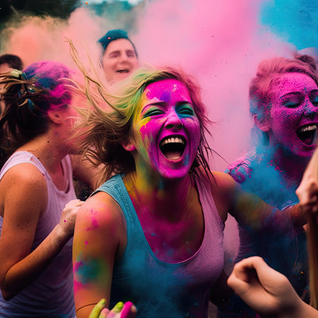 A group of friends is surrounded by vibrant colors while celebrating the Holi festival, throwing colored powder at each other with smiles and laughterの素材
