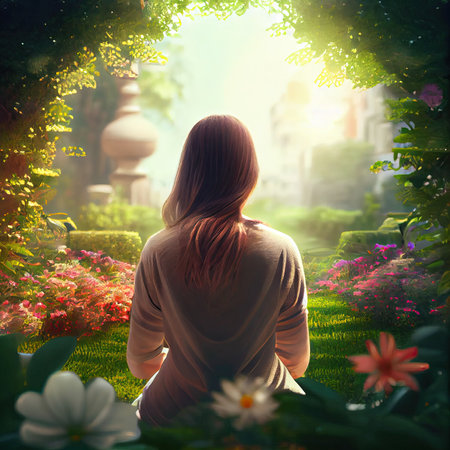 a woman sitting in the middle of a garden with flowers and trees around her she is looking into the distanceの素材