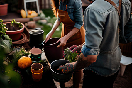 two people working together in the garden, one is holding a watering hose and the other is wearing an apronの素材