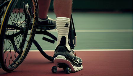 a man in a wheelchair with his feet on a tennis ball, while he is about to hit the ballの素材