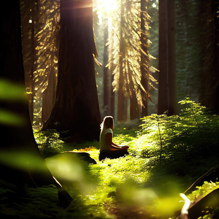 a person sitting in the middle of a forest looking up at the sun shining through the trees to their backの素材