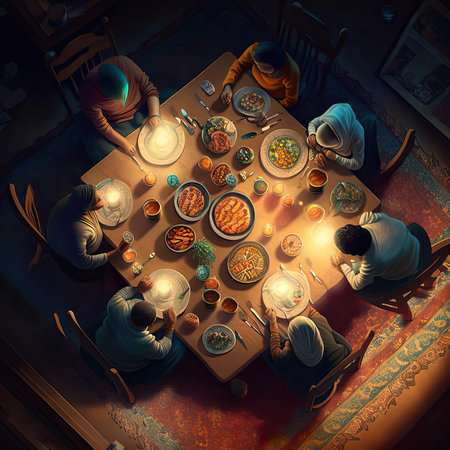 people sitting around a table with food on it, and one person standing at the end of the table to eatの素材