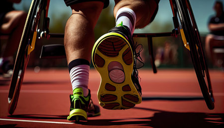 someones legs and feet on a wheelchair tennis court with other people sitting in the stands watching from behindの素材