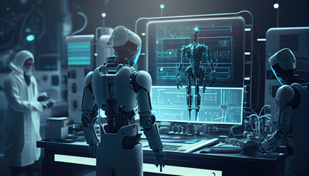 two robots standing in front of a computer screen and looking at another robot on the other ones deskの素材