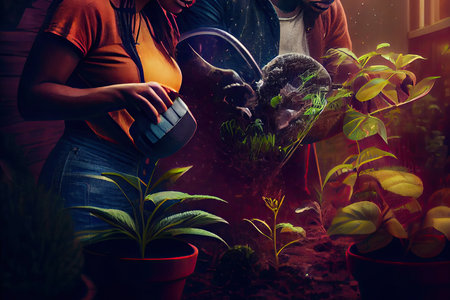 two people watering plants in the dark, with one woman holding a watering hose and the other man is wearing an orange t - shirtの素材
