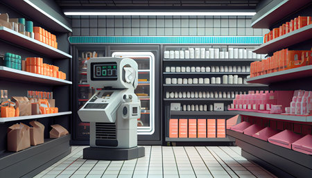 a pharmacy room with shelves full of medicine and other medical supplies on the wall in the room is filled with boxesの素材