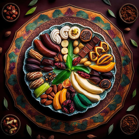 chocolates and nuts in a bowl on a table with leaves, nuts and nuts around the plate stock photoの素材