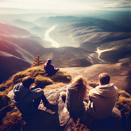 two people sitting on top of a mountain looking out at the valley below, with a river running through themの素材