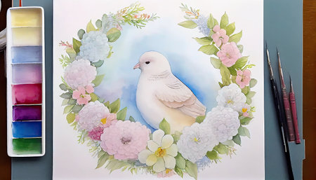 a bird in a wreath with flowers and watercolor paints on the table next to it is a paintbrush brushの素材