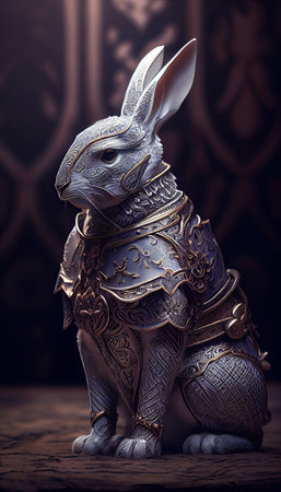 a rabbit dressed as a knight with armor and armours on its back, sitting in front of a dark backgroundの素材