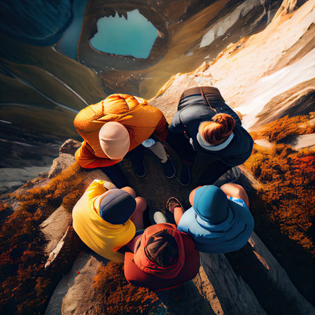 four people sitting on top of a mountain looking down at the ground below, with mountains in the background and blue skyの素材