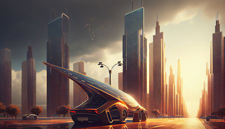 a futuristic city with cars and buildings in the fore, as if its not going to die or dieの素材