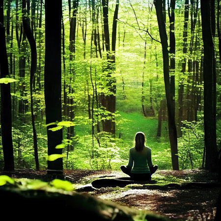 a woman sitting in the middle of a forest with her back to the camera she is looking up into the skyの素材