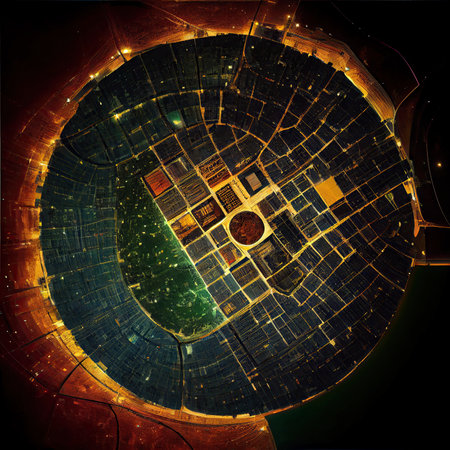 an aerial view of the city at night, with lights shining on the ground and buildings lit up in redの素材