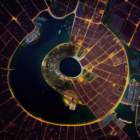 an aerial view of the city and its surroundings at night, taken from a drone - free flight over shanghaiの素材