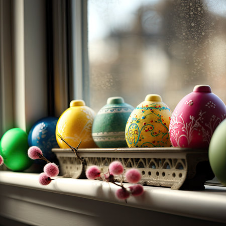 This vibrant photo captures the beauty and joy of Easter with a display of decorated eggs arranged on a windowsill. The colorful eggs are set against a blurred background Generative AIの素材