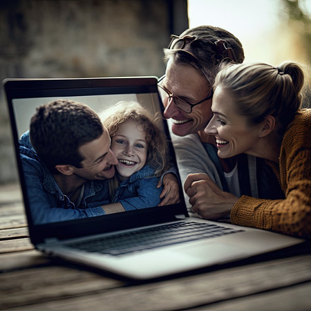 shows a family purchasing insurance online using a laptop. The parents and their child are gathered around the computer, looking at the screen and discussing options available to them Generative AIの素材