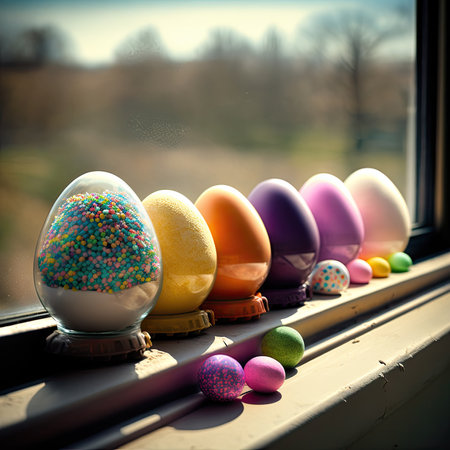 This vibrant photo captures the beauty and joy of Easter with a display of decorated eggs arranged on a windowsill. The colorful eggs are set against a blurred background Generative AIの素材