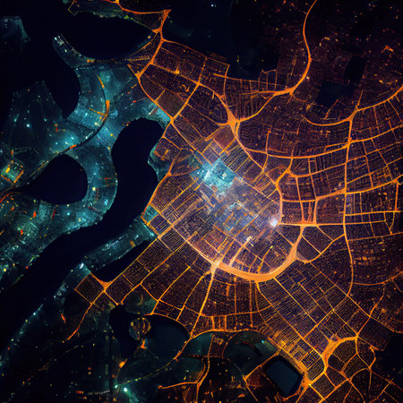 an aerial view of the city at night, with lights shining on the buildings and streets in orange huesの素材