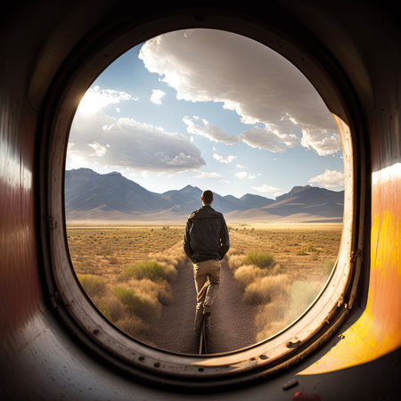 Person looks out of exit, gazing at expansive horizon beyond. This generative AI image captures sense of freedom and adventureの素材