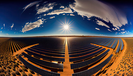 an array of solar panels in the desert under a bright blue sky with white clouds and sun shining through itの素材