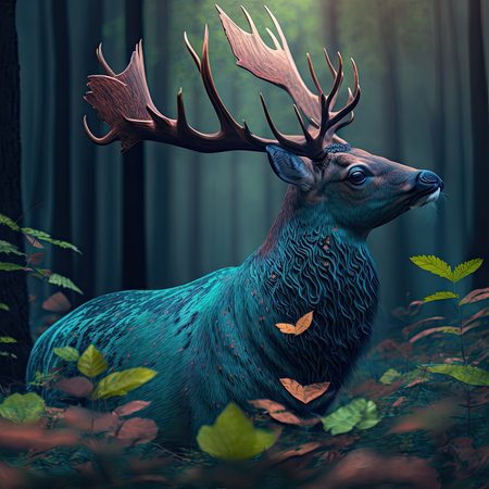 This stunning photo captures the essence of the majestic deer in its natural habitat. The natural lighting and colors of the forest enhance the beauty of the scene. Generative AIの素材