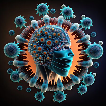 This illustration visualizes the process of COVID-19 virus inside the human body, highlighting the different stages of infection and transmission Generative AIの素材