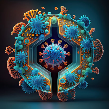This illustration visualizes the process of COVID-19 virus inside the human body, highlighting the different stages of infection and transmission Generative AIの素材