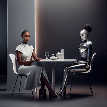 a woman sitting at a table with a robot in front of her, holding a coffee cup and looking into the cameraの素材