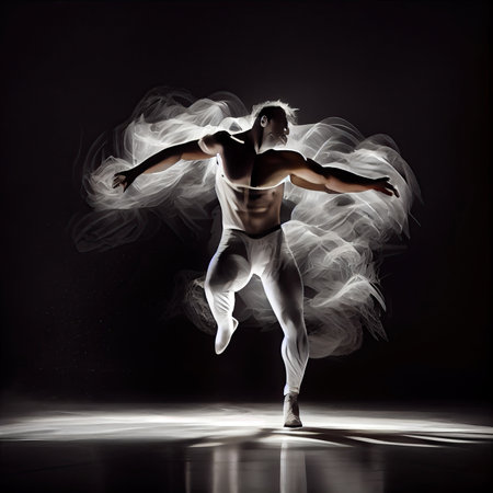a ballerina in the air with smoke coming from her body and arms, on a black background that is very darkの素材