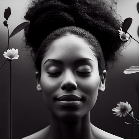 a woman with her eyes closed, surrounded by flowers and petals in black and white photo taken from the backの素材