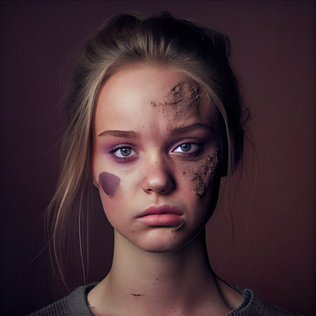 a womans face with makeup smeared off and her hair pulled back to the camera, she is looking directly into the cameraの素材