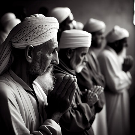 an old man praying in black and white with other men standing around him on the right side, both holding hands togetherの素材