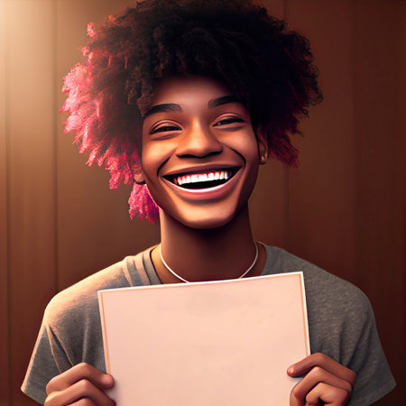 a smiling young woman holding a piece of paper and looking at the camera with an open smile on her faceの素材