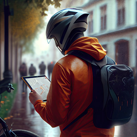 a person in an orange jacket and helmet looking at something on his tablet while standing next to a bike with a backpackの素材