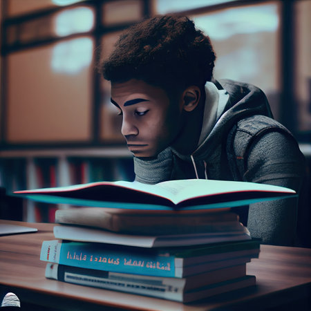 a young man sitting at a table with books and looking down on his head while he is reading the bookの素材