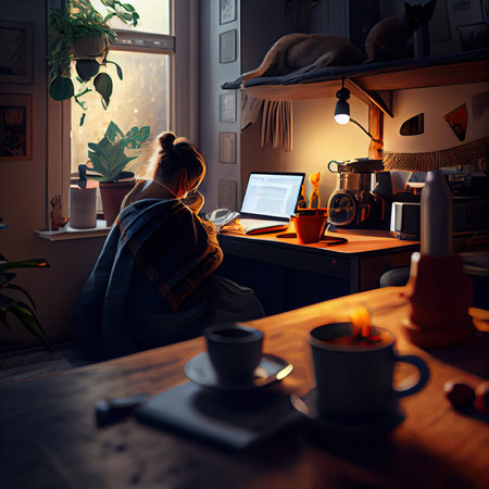 a person sitting at a desk in front of a laptop, with a cat on the table behind them and a cup of coffeeの素材