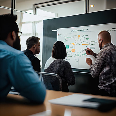 two men and one woman in front of a whiteboard with diagrams on it, while others look at the screenの素材