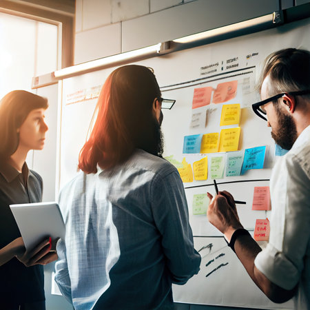 two people standing in front of a whiteboard with sticky notes on it and one person pointing at the boardの素材