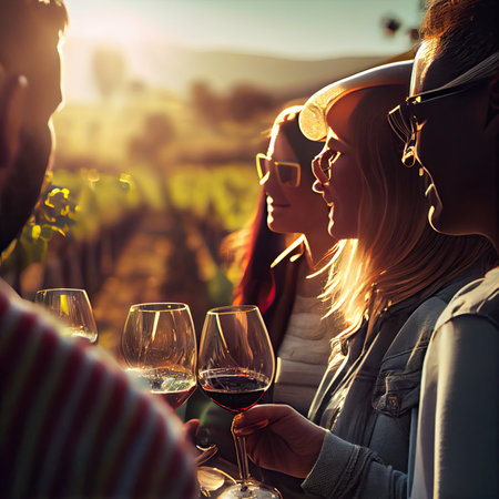 two people drinking wine at an outdoor event in the evening sun light is shining on the womans faceの素材