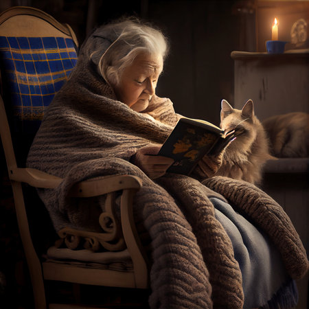 an older woman reading a book with her cat on the chair in the image is blured by the lightの素材