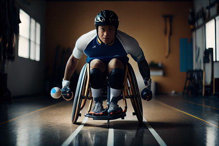 a man in a wheelchair with his hands on the ground as he prepares to throw a discus at an indoor track eventの素材